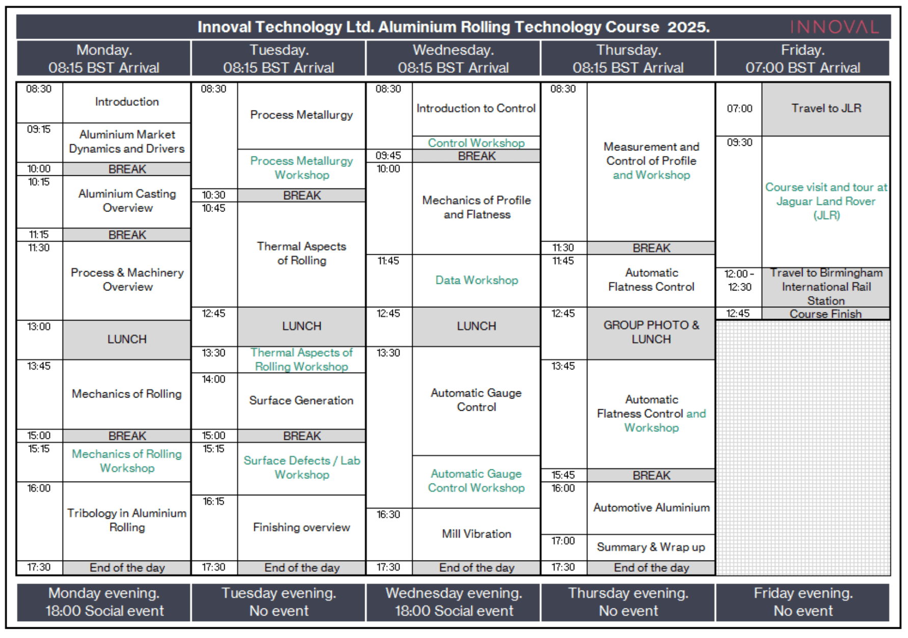 Timetable showing the latest Aluminium course by Innovaltec